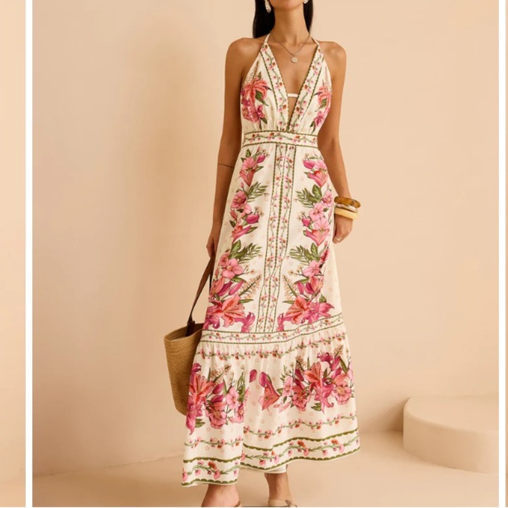 COMMENSE Pink Green Floral Print Halter Open Back Maxi Dress NWT - Picture 16 of 16